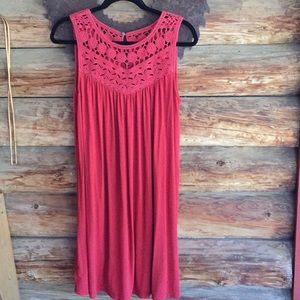 Red knit summer dress with crocheted yoke.